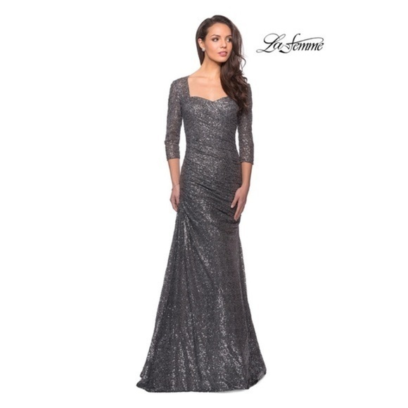 La Femme 28065 Sequined Shirred Trumpet Formal Dress Gunmetal 14 Mother of Bride - Picture 1 of 7